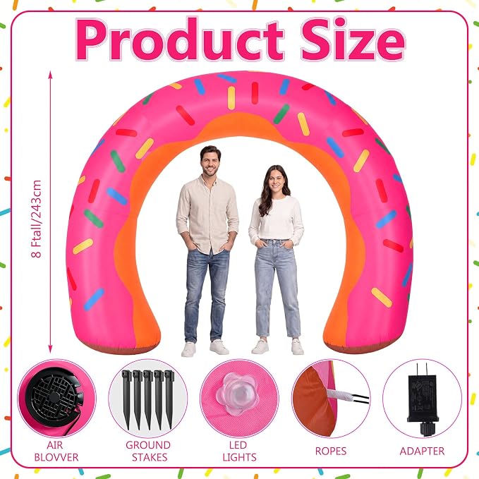 Jenaai 8ft Giant Donut Inflatable Arch Blow up Doughnut Inflatable Outdoor Yard Decorations with Built in LED Lights Outdoor Birthday Party Baby Shower Holiday Decor for Garden Lawn