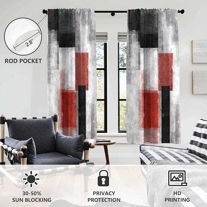AAtter Red Window Curtain Black and White Grey Gray Modern Abstract Dark Mens Boys Cool Anime Minimalist Living Room Bedroom Rod Pocket Drapes Treatment Fabric 1 Pair Home Decor, 42" W x 63" L, Art