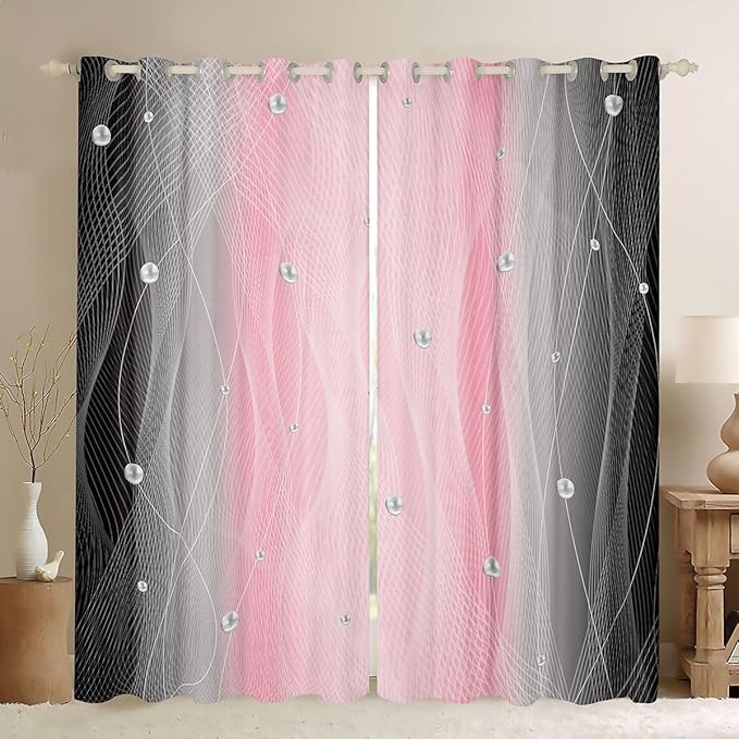 jejeloiu Pink and Black Darkening Drapes Strip Lines Curtains for Bedroom for Kids Women Men Ombre Pearl Printed Blackout Curtains Geometric Window Treatments(2 Panels, 42 x 63 Inch)