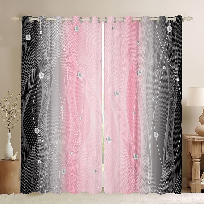 jejeloiu Pink and Black Darkening Drapes Strip Lines Curtains for Bedroom for Kids Women Men Ombre Pearl Printed Blackout Curtains Geometric Window Treatments(2 Panels, 52 x 96 Inch)
