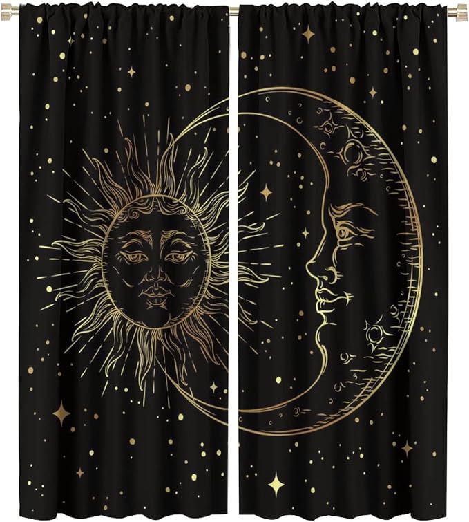 Gold Sun and Moon Blackout Windows Curtains, Fantasy Mandala Bohemian Universe Galaxy Printed Curtains, for Living Room Bedroom 42x54in 2 Panels