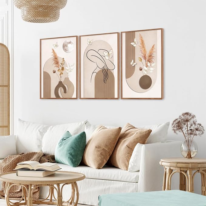 CHDITB Boho Neutral Framed Canvas Wall Art, Minimalist Line Art Woman Artwork, Pampas Grass Botanical Wall Decor, Beige Brown Painting, Abstract Geometric Art Prints for Living Room Bedroom 24"x36"x3