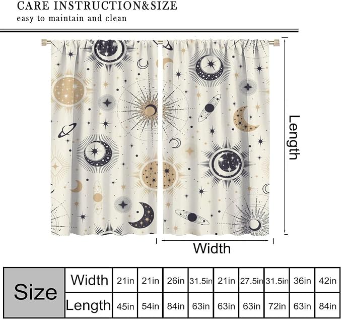Sun Moon Blackout Window Curtains, Mystical Abstract Modern Boho Sun Moon Star Window Drapes, for Bedroom Living Room 63" W X 72" L