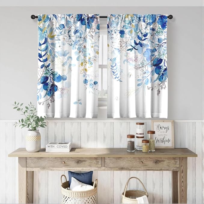 Blue Eucalyptus Leaves Kitchen Curtains Watercolor Plant Floral Curtains 39 Inches Spring Summer Blue and White Cafe Small Drapes Farmhouse for Bathroom RV Camper Light Filtering Rod Pocket 2 Panels