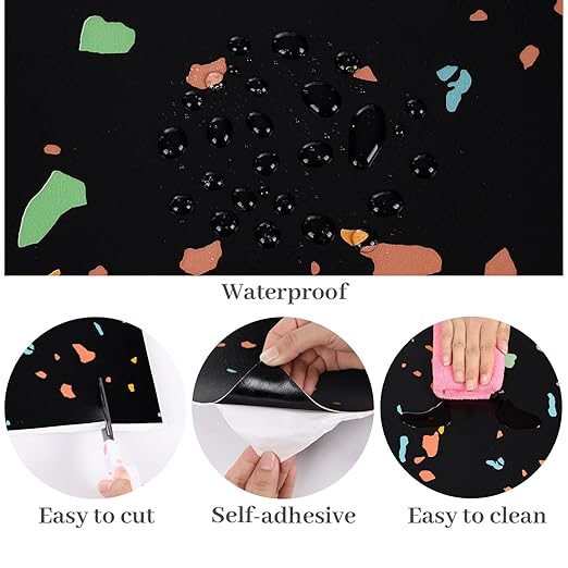 VaryPaper 20 Pack 12"x12" Colorful Black Terrazzo Floor Tiles Peel and Stick Waterproof Self Adhesive Vinyl Tile Flooring Sticky Tiles for Floor Bathroom Removable Temporary Flooring for Renters
