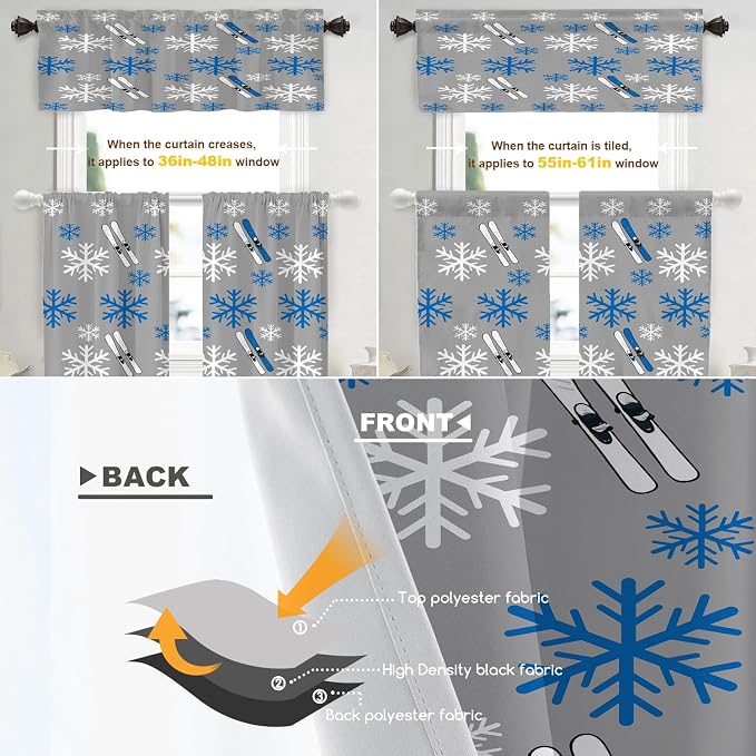 Shrahala Snowflakes Skis Blackout Curtain Tiers, Winter Sports Themed Pattern Kitchen Valance Light Blocking Tier Drapes with Rod Pocket, 2 Pack 26 X 36 in