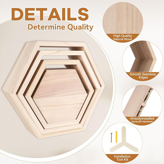 Wooden Hexagon Floating Shelves Set of 5 wall Mounted Honeycomb Shelf octogone shelve Geometric Shaped Organizer for Living Room Bathroom Bedroom Guest Room Decor Accessories nartural
