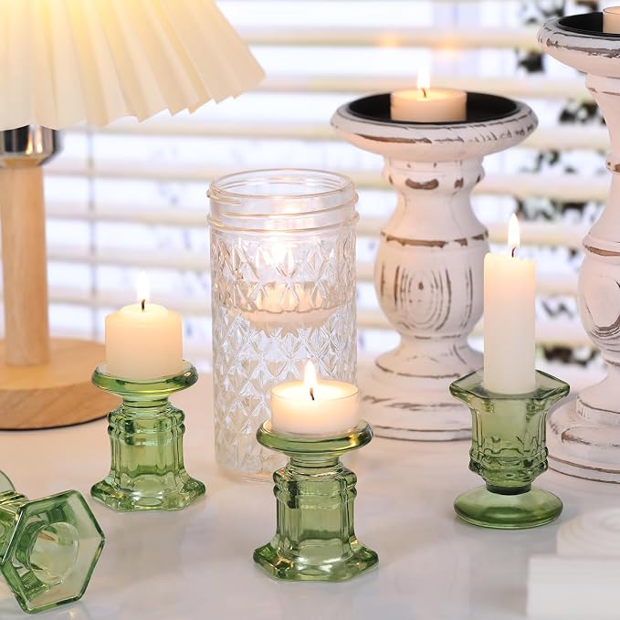 Lanttu 12 Pcs Green Candlestick Holders Bulk Glass Candle Holders Set | Crystal Taper Candle Holder for Wedding, Table Centerpiece, Home Decoration