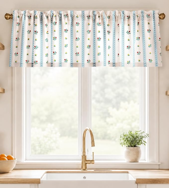 Miss Adola Valance Curtain for Windows - 16 Inch Linen Blend Farmhouse Floral Valance for Kitchen Living Room Bedroom Bathroom Boho Blue Striped Short Curtain with Rod Pocket, 1 Panel