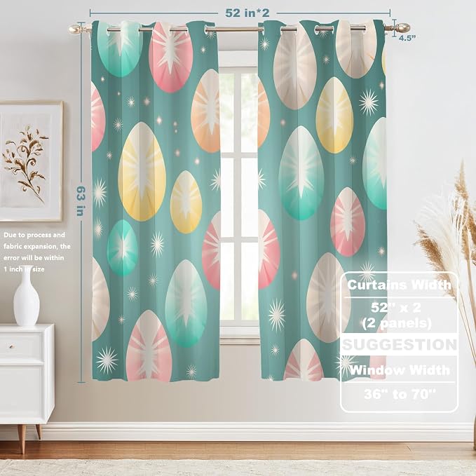Shrahala Easter Eggs Stars Thermal Insulated Blackout Window Curtains, Colorful Easter Egg Pattern Long Drapes for Bedroom/Living Room with Plastic Grommet, 52X63 Set of 2