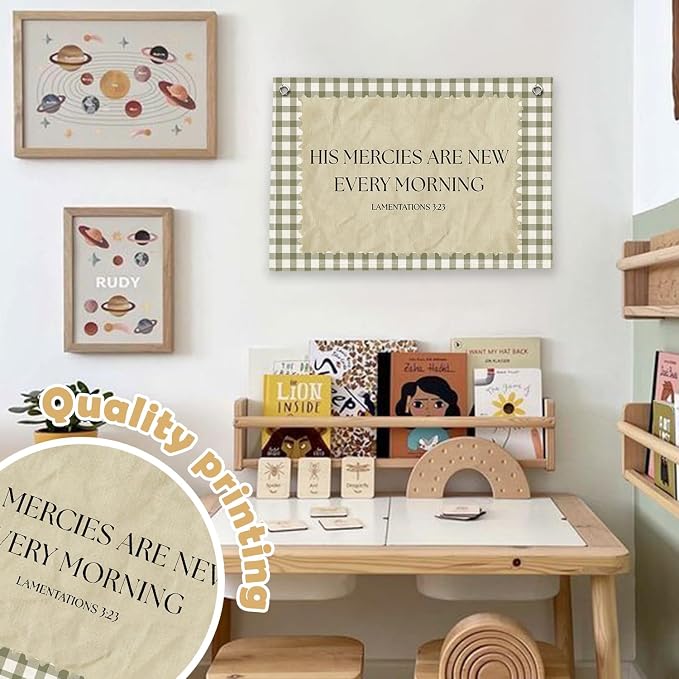 RTXLEZM Christian Nursery Decor, Kids Room Wall Art Decor | Retro His Mercies Are New Every Morning Christian Canvas Banner Wall Hanging for Kids Toddler Boys Nursery Room Bedroom