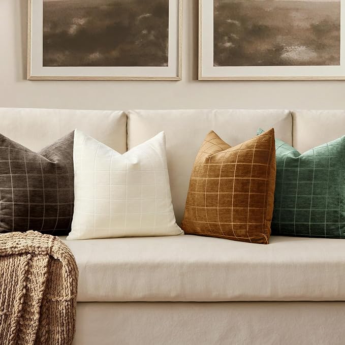 MIULEE Moss Green Plaid Decorative Throw Pillow Covers 18x18 Set of 2 | Vintage Check Chenille Couch Pillows Neutral Boho Farmhouse Cushion Covers Modern Home Decor for Sofa Bed Living Room