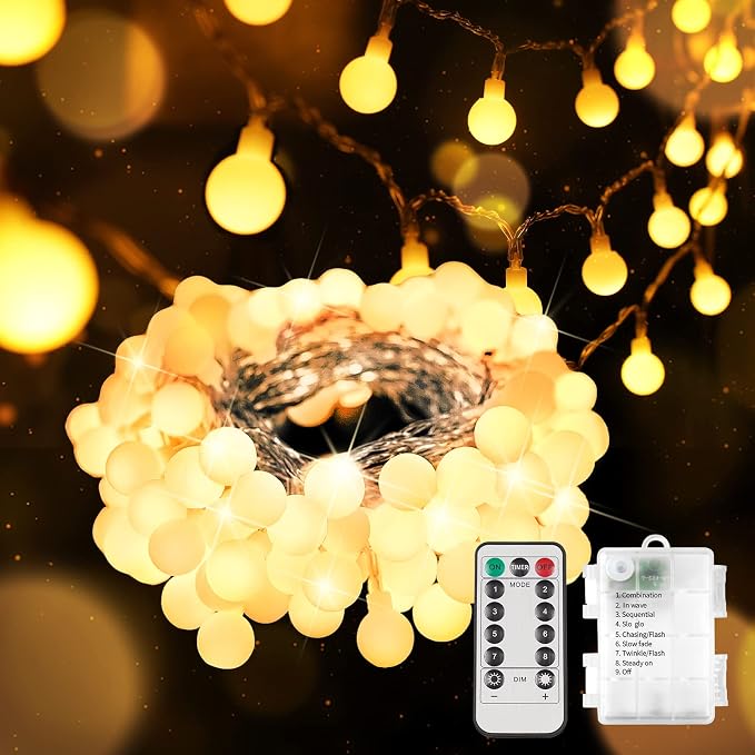 suddus 50 LED Globe String Lights Battery Operated with Remote Warm White | Hanging Fairy Lights With Timer,String Lights for Bedroom for Bedroom, Dorm, Classroom Christmas,Indoor,Outdoor Decor