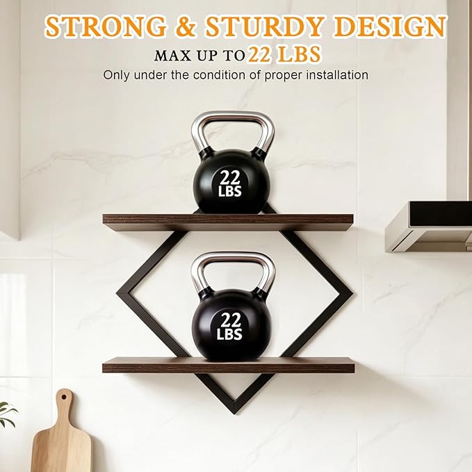 Geometric Floating Shelves Set of 2, Wood Wall Mounted Storage Rack, 22lb Capacity Modern Display Shelves for Living Room, Bedroom, Kitchen, Office, Heavy Duty Decor Organizer