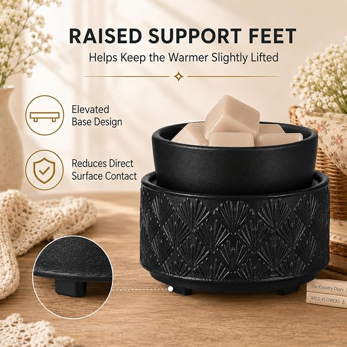 Mocosa Ceramic Wax Warmer Wax Melt Warmer for Scented Wax 3-1 Electric Candle Warmer Home Fragrance Wax Burner Perfect Christmas Gifts for Mom Women(Black-Fan Shaped)