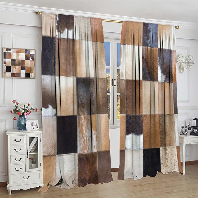 Cowhide Blackout Curtain, Retro Animal Spotted Brown Cow Texture Print Drapes, Rod Pocket Window Treatments 2 Panels Curtains for Nursery Bedroom Living Room Kitchen Decor 42" W X 54" L