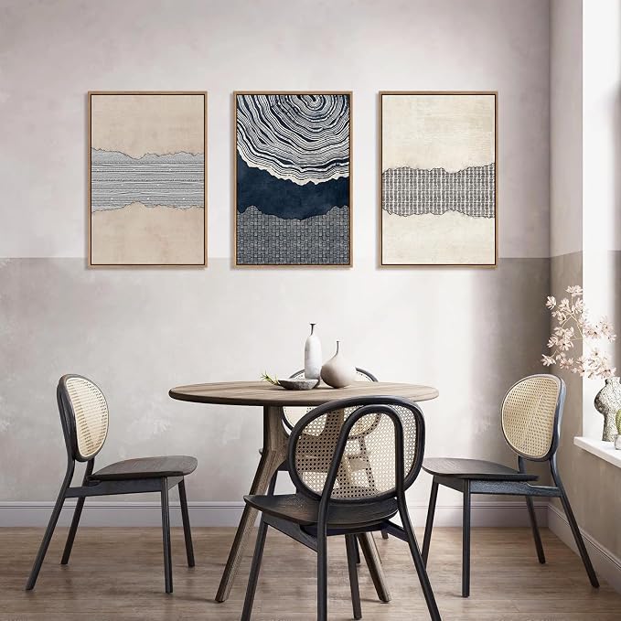 LHIUEM Large Abstract Navy Blue Beige Framed Canvas Wall Art,Modern Tree Rings Shapes Wall Decor,Neutral Retro Wooden Artwork for Living Room,Bedroom,Dining Room,Office -24"x36"x3