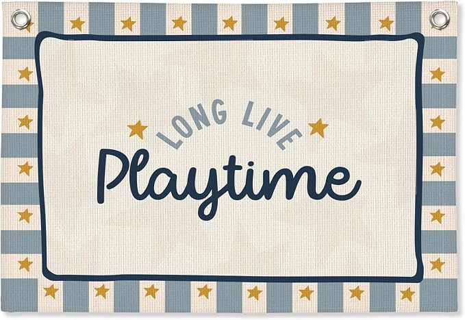 Playroom Wall Decor,Long Live Playtime Linen Canvas Banner,Navy Blue Toddler Playroom Decor Kids Room Nursery with Star Pattern Wall Decor for Toddler Boys Toy Room Bedroom,30x20 Inch