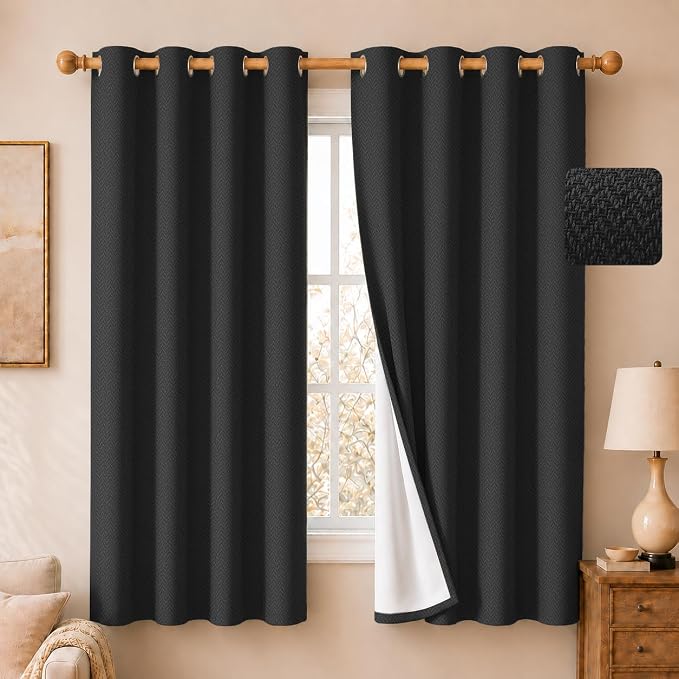 2 Panels 100% Blackout Linen-Textured Curtains, Thick Thermal Insulated Grommet Drapes with Subtle Herringbone Weave, Luxury Decor for Bedroom/Living Room, 54 x 63 Inches, Black