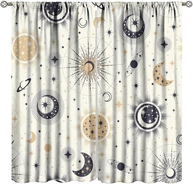 Sun Moon Blackout Window Curtains, Mystical Abstract Modern Boho Sun Moon Star Window Drapes, for Bedroom Living Room 84" W X 84" L