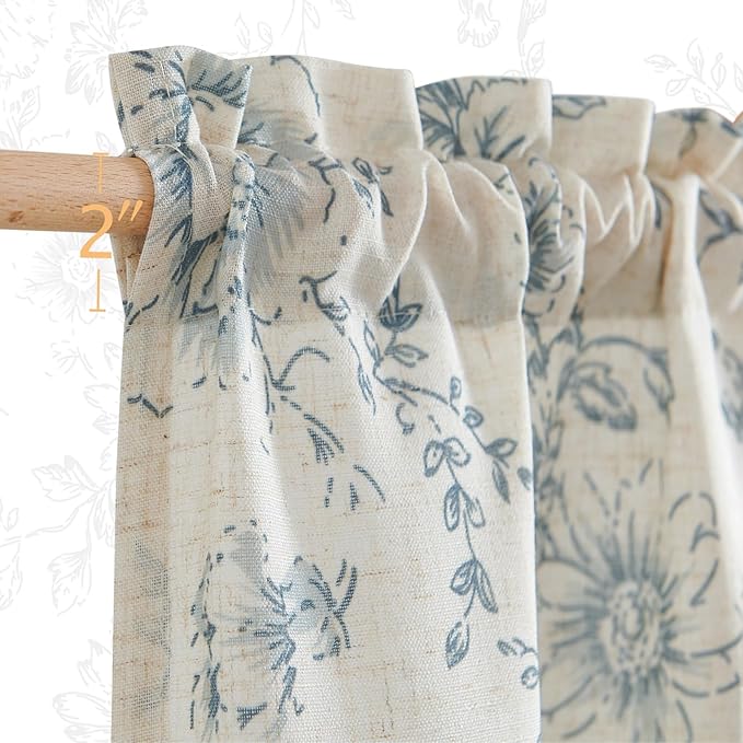 jinchan Floral Linen Tier Curtains Blue Flower on Beige Cafe Curtains 36 Inch Length Kitchen Living Room Bedroom Bathroom Farmhouse Rustic Country Rod Pocket 2 Panels