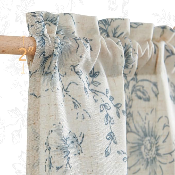 jinchan Floral Linen Tier Curtains Blue Flower on Beige Cafe Curtains 24 Inch Length Kitchen Living Room Bedroom Bathroom Farmhouse Rustic Country Rod Pocket 2 Panels