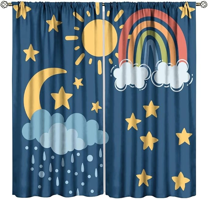 Sun Moon Blackout Curtains, Rainbow Cartoon Cute Moon Sun Star Cloud Colorful Window Drapes, for Kids Bedroom Living Room 72" W X 63" L