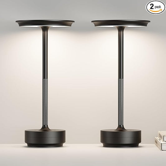 LED Cordless Table Lamp Set of 2,Rechargeable Battery Operated 3 Levels Brightness with Memory Function IP54 Waterproof Portable Lights for Outdoor Patio,Travel,Cafe,Restaurant,(Black)