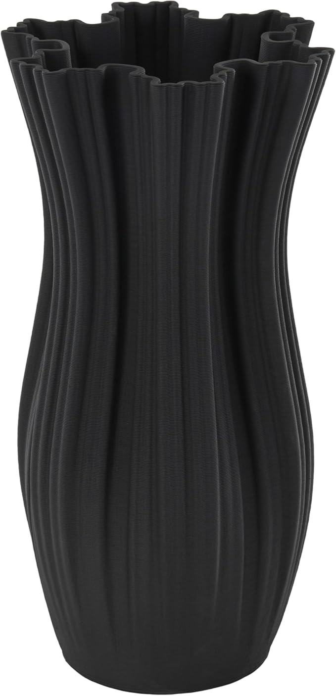 Deco 79 Ceramic Abstract Decorative Vase Ribbed Tulip Inspired Centerpiece Vase with Floral Shaped Rim, Flower Vase for Home Decoration 7" x 7" x 14", Black