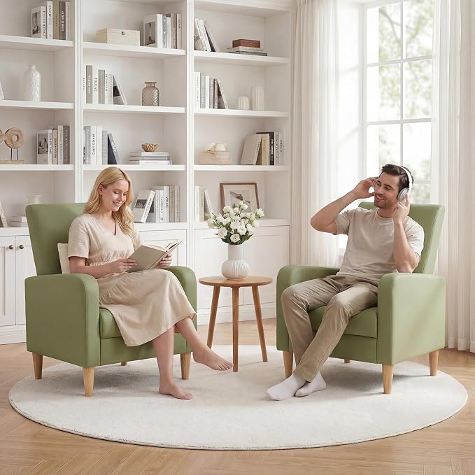 COLAMY Mid-Century Modern Accent Chairs Set of 2, Faux Leather Upholstered Living Room Chairs with Back Pillow & Solid Wood Legs, Comfy Armchair for Living Room, Bedroom, Single Sofa, Light Green
