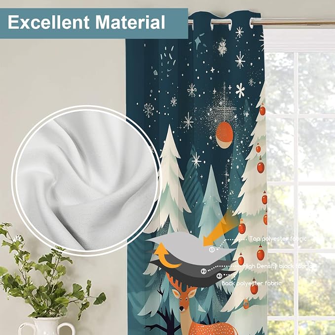 Shrahala Christmas Tree Elk Thermal Insulated Blackout Window Curtains, Red Ball Snowflake Blue Background Long Drapes for Bedroom/Living Room with Plastic Grommet, 52X84 Set of 2