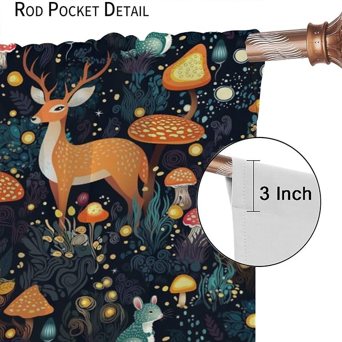 Fantasy Plant Curtains,Cute Woodland Deer Forest Animal Floral Mushroom Print Window Treatments for Bedroom Living Room Study Window Drapes 2 Panels Set,Total Size 63 x 72 Inch