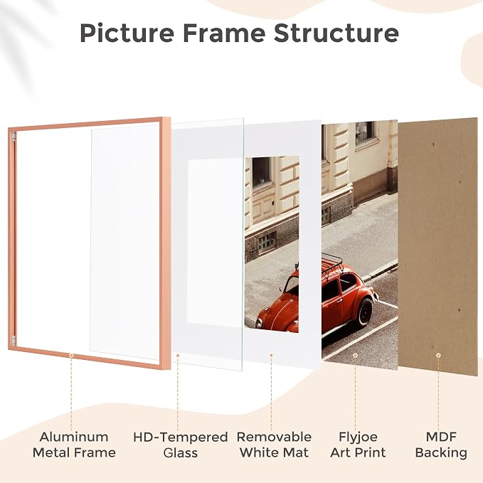 FLYJOE 12x12 Frame | Metal Square Picture Frame With Tempered Glass | 12x12 Frame With Mat For 10x10 | Minimalist Modern Poster Frame | Hanging Hardware Included | Rose Gold, 3Pcs
