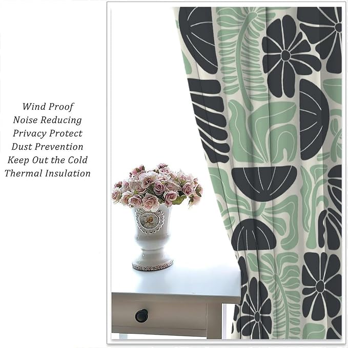 JESTRONRY Mid Century Boho Curtains, Modern Abstract Abstract Geometric Green Floral Pattern Print Blackout Window Door Curtains for Bedroom Living Room Home Decor 72x63in