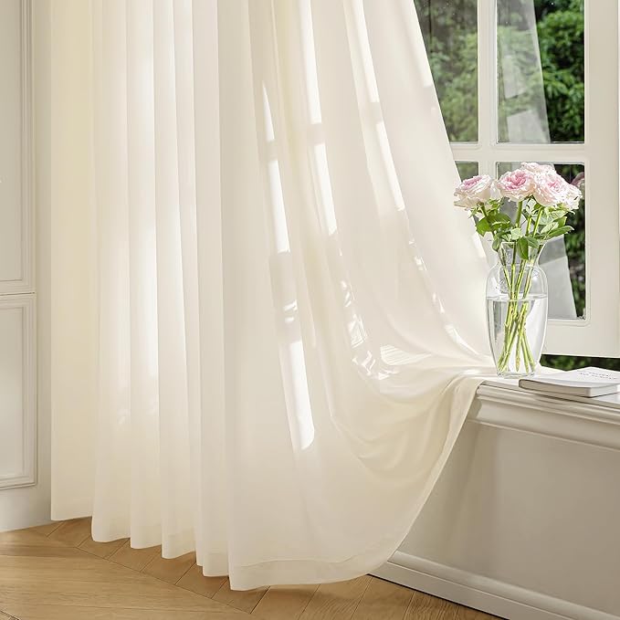 FMFUNCTEX Sheer Non-See-Through Butter Cream Curtains for Bedroom, Faux Silk That Let Light Curtains 54 inches Long Light Filtering Privacy Sheer Window Drapes for Living Room, Rod Pocket 2 Panels Set
