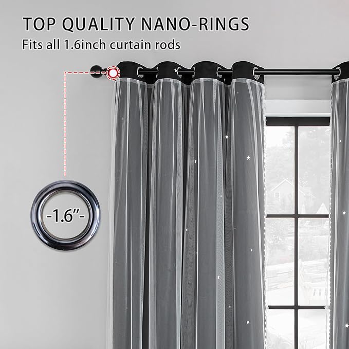 XiDi Black Curtains for Bedroom 2 Panel Set, Blackout Curtains for Girls Bedroom Decor, Star Hollow Out Drapes for Kids Room, Double Layer Window Treatment for Living Room 52x84 Inches Long