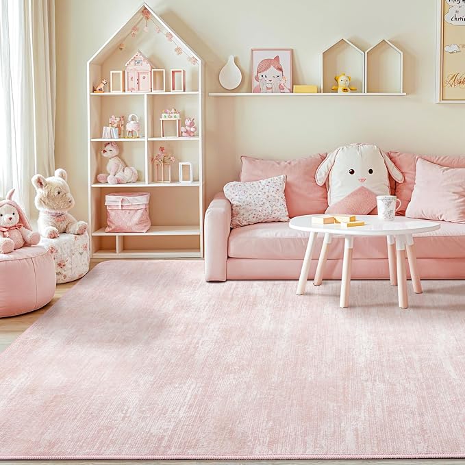 9x12 Washable Area Rug, Pink Solid Area Rugs for Living Room & Bedroom | Stain-resistant & Non-slip backing,Low Pile Washable Large Carpet, Solid Vintage Style For High Traffic Areas(9x12,Pink)