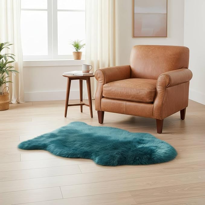 Beach Blue Genuine Sheepskin Rug 2x3 ft, Real Fluffy Single Pelt Fur Accent Rug for Chair, Seat Cover, Nursery & Home Decor, Natural & Soft Shaggy Throw