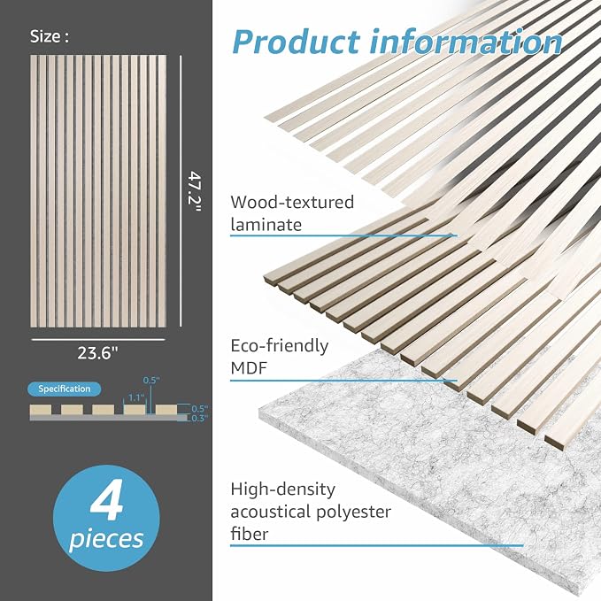 Art3d 4 Pack 47.2 x 23.6in. Wood Slat Acoustic Panels for Wall and Ceiling - 3D Fluted Sound Absorbing Panel with Wood Finish - White Elm