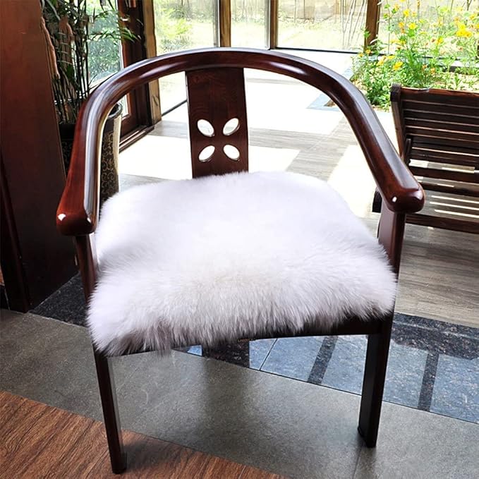 Softlife White Sheepskin Chair Cover 4 PCs Seat Cushion Pad Super Soft Area Rugs for Living Bedroom Sofa Dorm (1.6ft x 1.6ft)