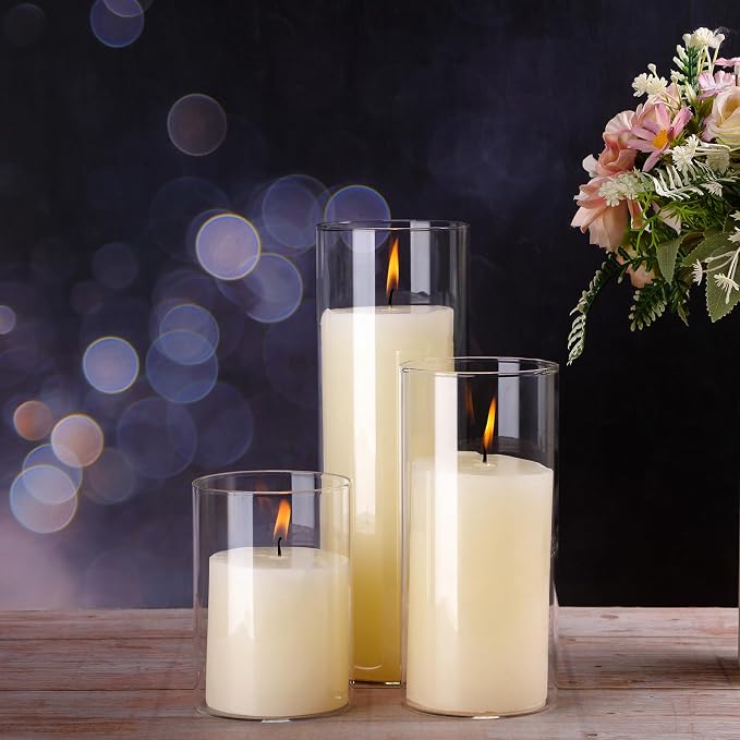 Shihanee Set of 6 Pillar Candles with Glass Cylinder Vases Clear Cylinder Hurricane Candleholders for Slim Tall Pillar Candles Wedding Table Centerpieces(3'' X 5.9", 7.9", 9.8",Ivory)