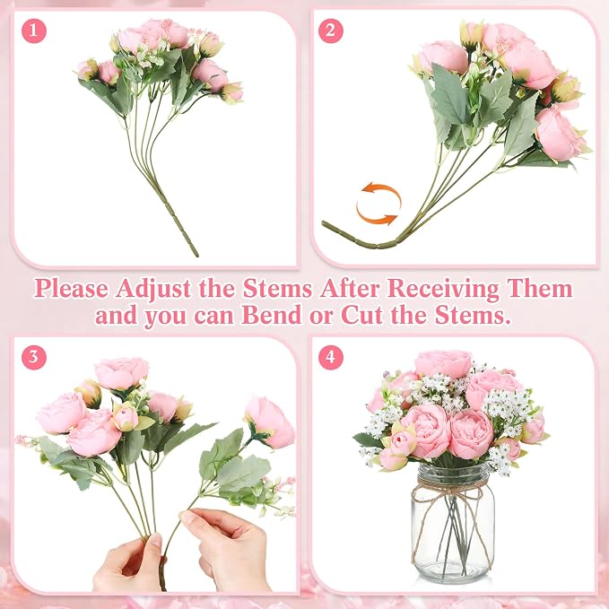 Zeyune 6 Sets Mason Jar Centerpiece Table Decorations, Artificial Peony Baby's Breath Flower Bouquets, Faux Flowers with Vase, Rustic Decor Gifts for Home, Wedding, Holiday (Light Pink)