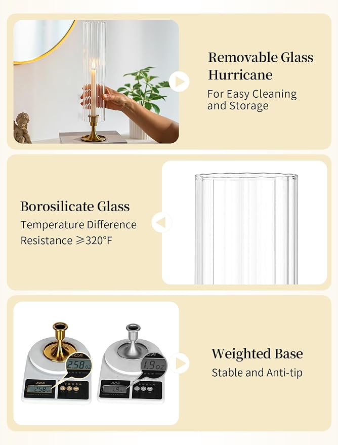 Romadedi Hurricane Glass Candle Holder: Set of 2 Gold Taper Candle Sticks Holder with Ribbed Cylinder Cover & Weighted Base for Coffee Table Centerpiece Christmas Wedding Outdoor Decor