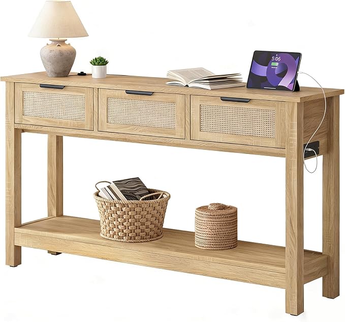 Luoxiao Entryway Table with Outlets & USB-C, 3 Drawers Rattan Console Table | Narrow Entry Table with Open Shelf, Anti-Tip, Easy Assembly, Boho Front Entrance Hallway Foyer Storage, 47 Inch, Natural Wood