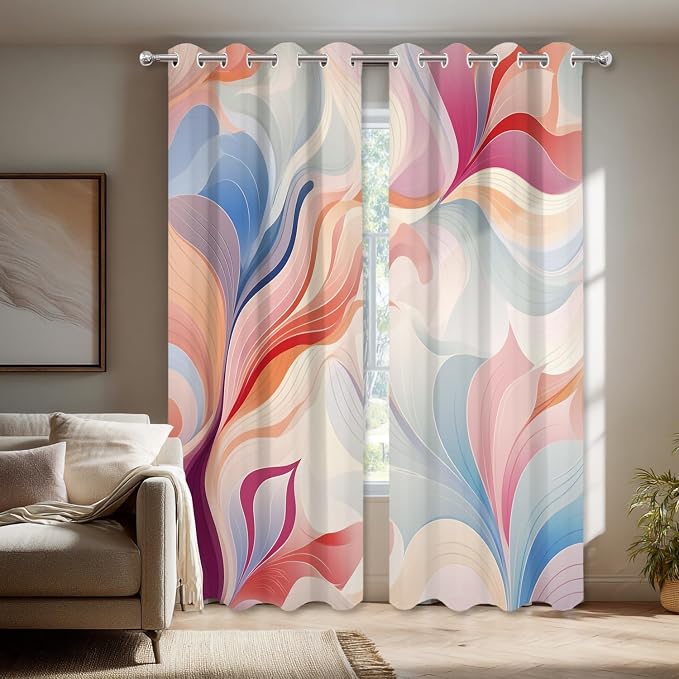 Shrahala Colorful Waves Blackout Window Curtains, Fluid Abstract Pattern Thermal Insulated Curtains Grommet Long Drapes for Bedroom,Living Room (2 Panels, 52 X 63 in)