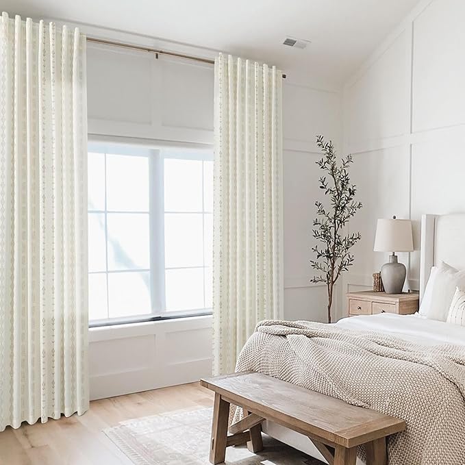 102 Inch Extra Long Curtains,Sheer Linen Boho Farmhouse Taupe Natural Floral Pattern Faux Embroidered Geometric Curtains for Living Room Bedroom 2 Panels Set