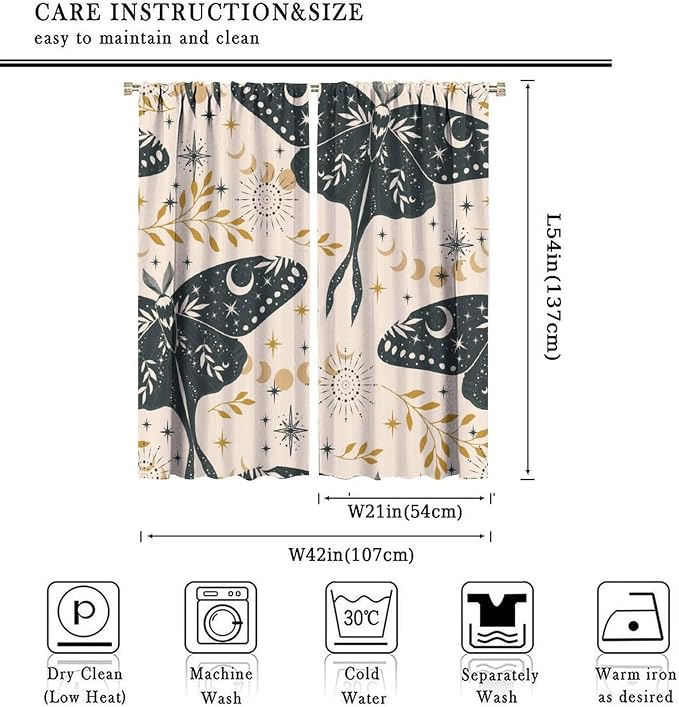 Witchy Curtains, Goth Curtains, Moth Decor, Star Curtains, Moth Curtains Darkening Curtains Botanical Curtains for Bedroom Living Room W42xL54 Inch