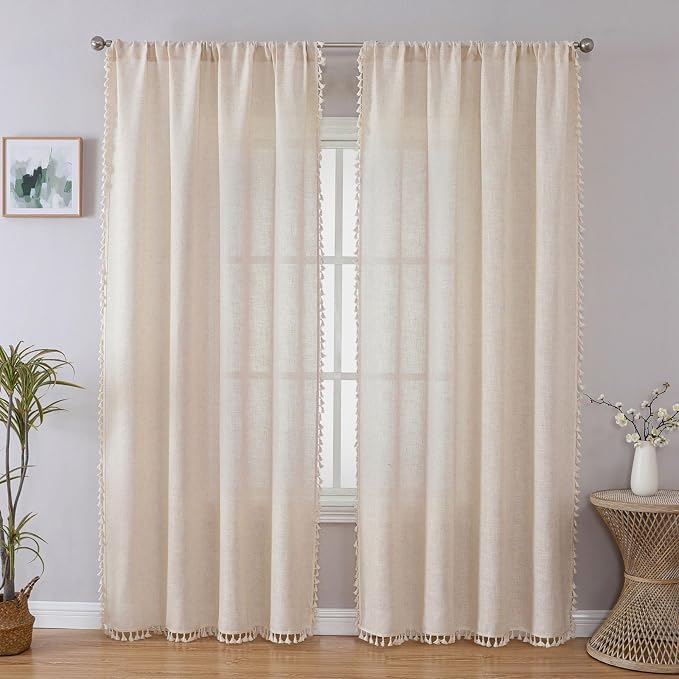Joydeco Linen Boho Curtains 108 Inches Long 2 Panels, Super Soft Bohemian Farmhouse Curtains with Tassels, Semi Sheer Light Filtering Drapes for Bedroom Living Room (Rod Pocket, 52Wx108L)