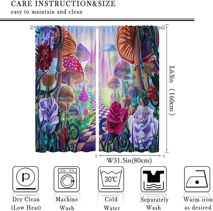 Fantasy Mushroom Curtains,Fairytale Forest Plant Castle Print Window Treatments for Bedroom Living Room Kitchen Colorful Cartoon Floral Window Drapes 2 Panels Set,Total Size63 x 63 Inch