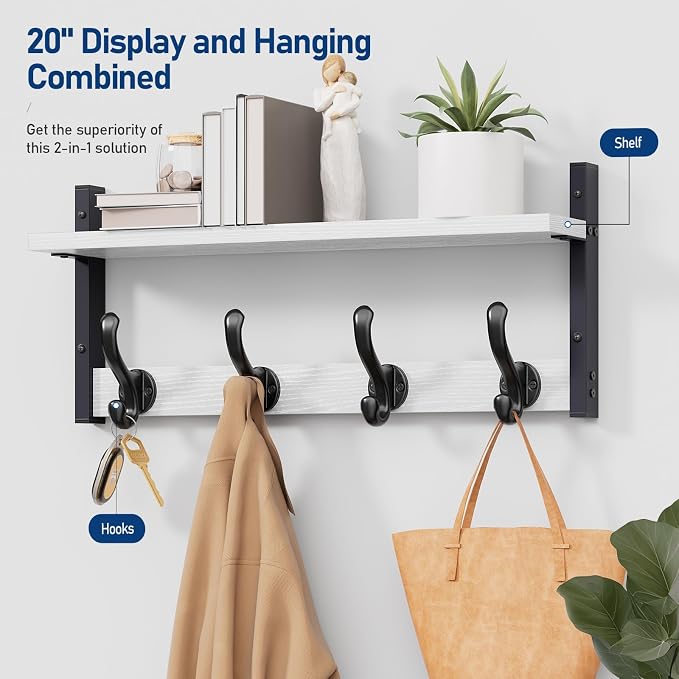 Tatub 20" Rustic Coat Rack Wall Mount with Shelf, Wall Hooks with Shelf, Heavy Duty Entryway Organizer Hangers for Hanging, Hat, Bag, Jacket for Bathroom, Living Room, Bedroom, White